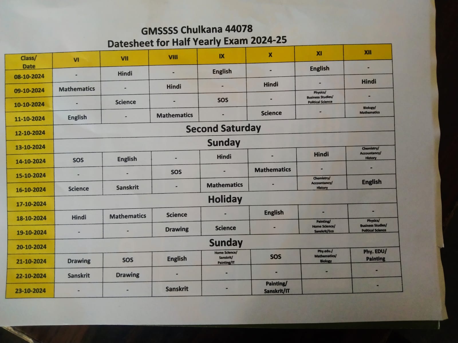 Datesheet for Half Yearly Exam 2024-25